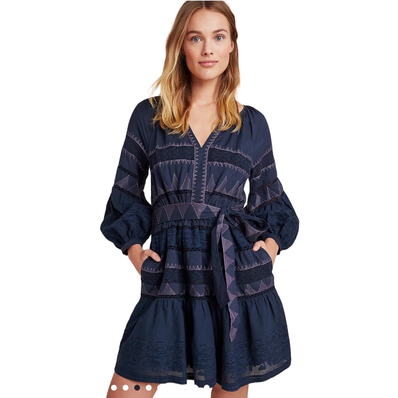 Anthropologie Bue Skye Embroidered Mini Dress Belted Peasant Puff Sleeves 1x